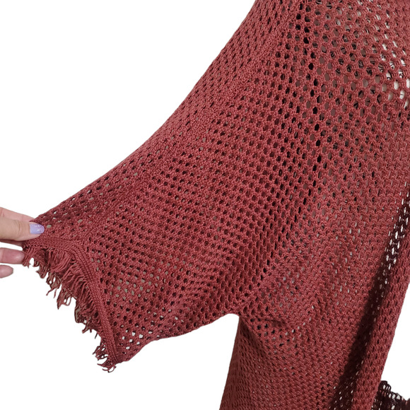 Dee Elly Burnt Orange Brown Crochet Cover Up Kimono Wrap Festival Fringe Small - Picture 3 of 11